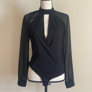 Bebe Sheer Chiffon Sleeve Keyhole Bodysuit Size X-Small Black Sexy Top
